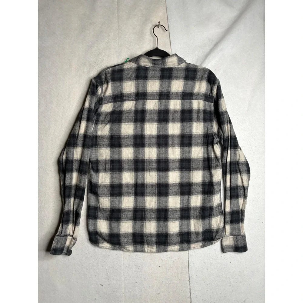 True Religion Mens Flannel Shirt Large‎ Black Cream Plaid Herringbone Cotton L/S
